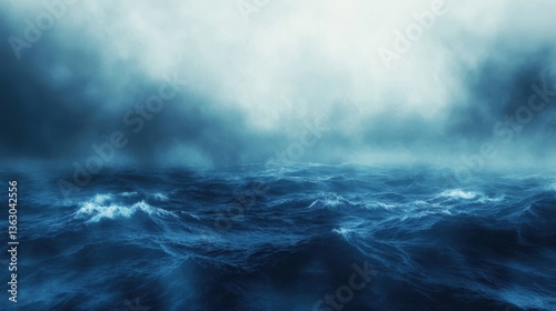 Horror-themed seascape with a deep blue fog covering the waves, eerie whispers echoing through the mist.