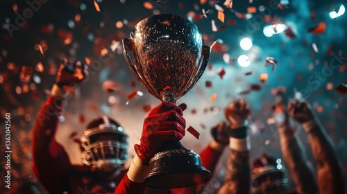 Victorious Football Team Celebrating with Championship Trophy Amidst Flying Confetti
