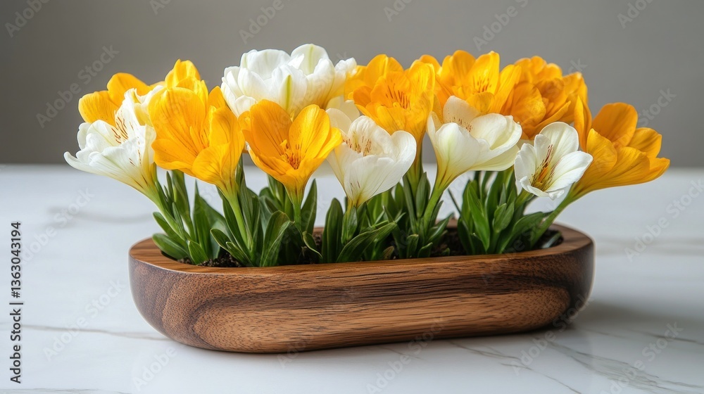 Spring flowers in a wooden bowl Spring flowers in a wooden bowl