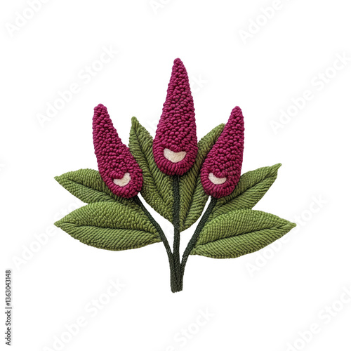 Punch Needle Embroidery of Three Pink Flowers with Green Leaves