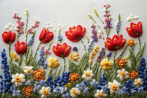 A beautifully detailed embroidery of colorful flowers, showcasing vibrant reds, yellows, and blues on a soft background. Isolated with transparent background.