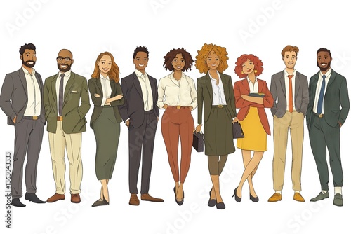 Business team. Vector illustration of diverse cartoon men and women of various ethnicities, ages, and body types in office outfits. Isolated on white.
