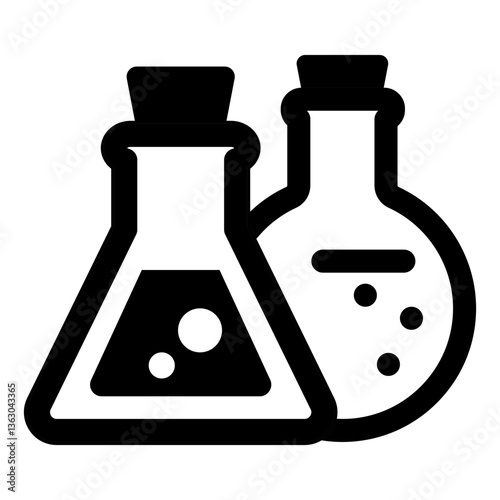 Two laboratory flasks with liquid and bubbles representing science chemistry or experimentation.