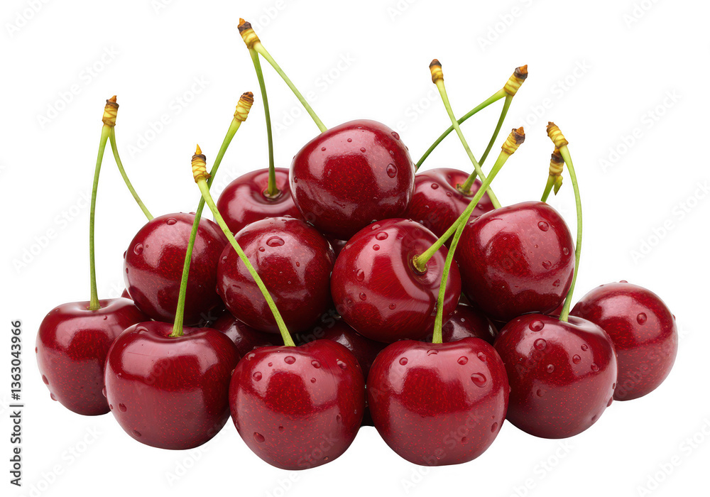 A heap of ripe red cherries with attached green stems some covered in tiny water droplets isolated on transparent background A heap of ripe red cherries with attached green stems some covered in tiny water droplets isolated on transparent background