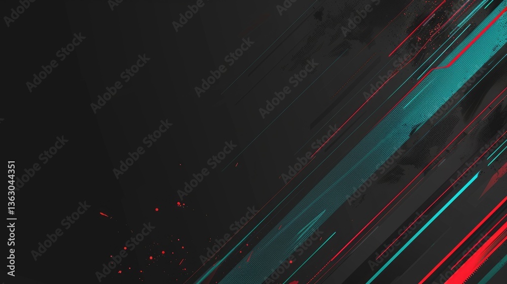 Abstract red and teal lines with splatter effects on dark background. Background image of red and blue splashing as frame. Digital art for dynamic and modern design. Modern background. AIG51.
