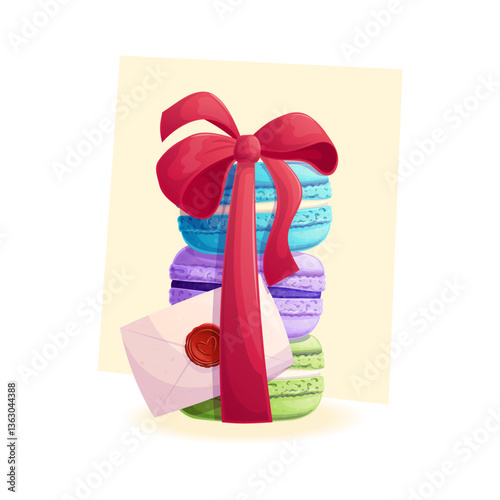Delicious French multicolored macaroons tied with a ribbon with a letter. The concept of confectionery, baking, congratulations. Vector illustration for the design of menus, posters, banners, covers