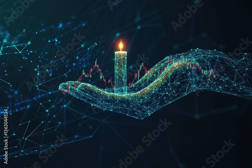 Abstract Human Hand Holding Candlestick. Stock Market and Investment Concept. Protection of Graph Chart on Technological Blue Background. Low Poly Wireframe Vector Illustration with 3D Effect.