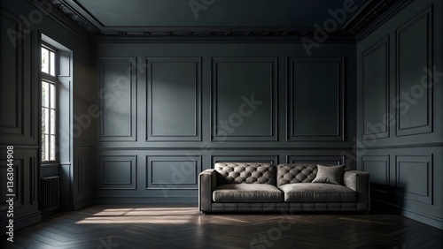A stylish interior scene featuring a tufted gray sofa against deep blue-gray paneled walls