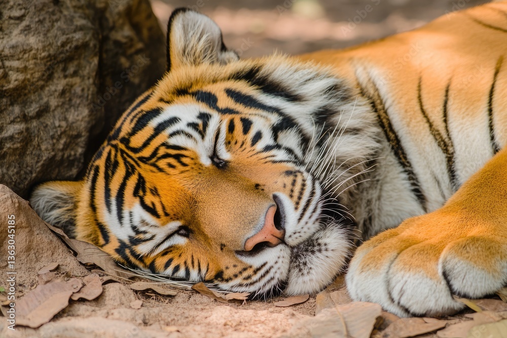 Obraz premium Serene Slumber: A Close-Up of a Majestic Tiger Resting in the Heart of Thailand's Wilderness