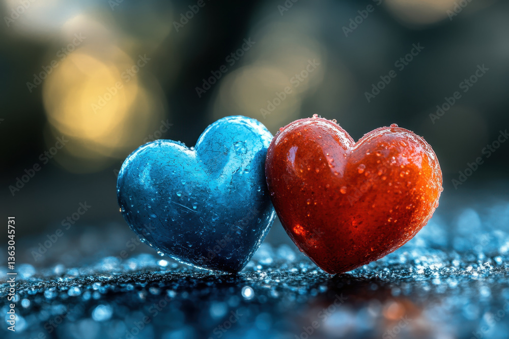 Obraz premium Two hearts entwined, glistening with water droplets, against a soft-focus background, symbolizing love, harmony, and togetherness.