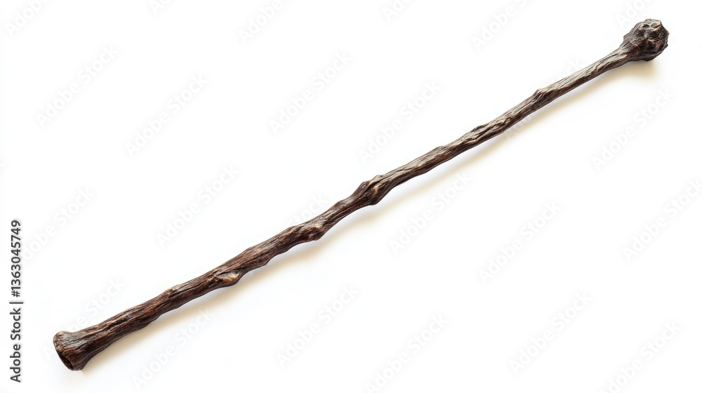 Enchanted Wand: An Old Wooden Staff Isolated on a Bright Background Enchanted Wand: An Old Wooden Staff Isolated on a Bright Background