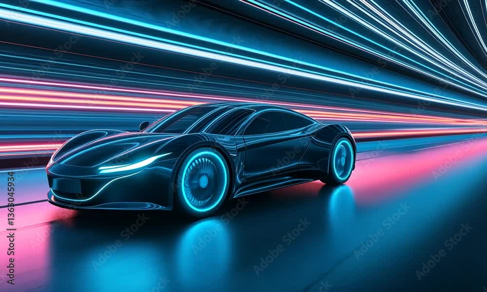 Driving Fast Car with Neon Lights Through Hyperspace Tunnel Effect