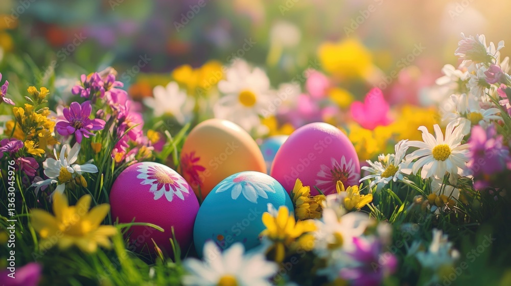Colorful Easter Eggs in Blooming Field Colorful Easter Eggs in Blooming Field