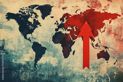 Abstract recession and crisis background on world map background. Red arrow to down.