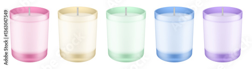 Set of multicolored scented candles in glass holders. Candle in a jar	