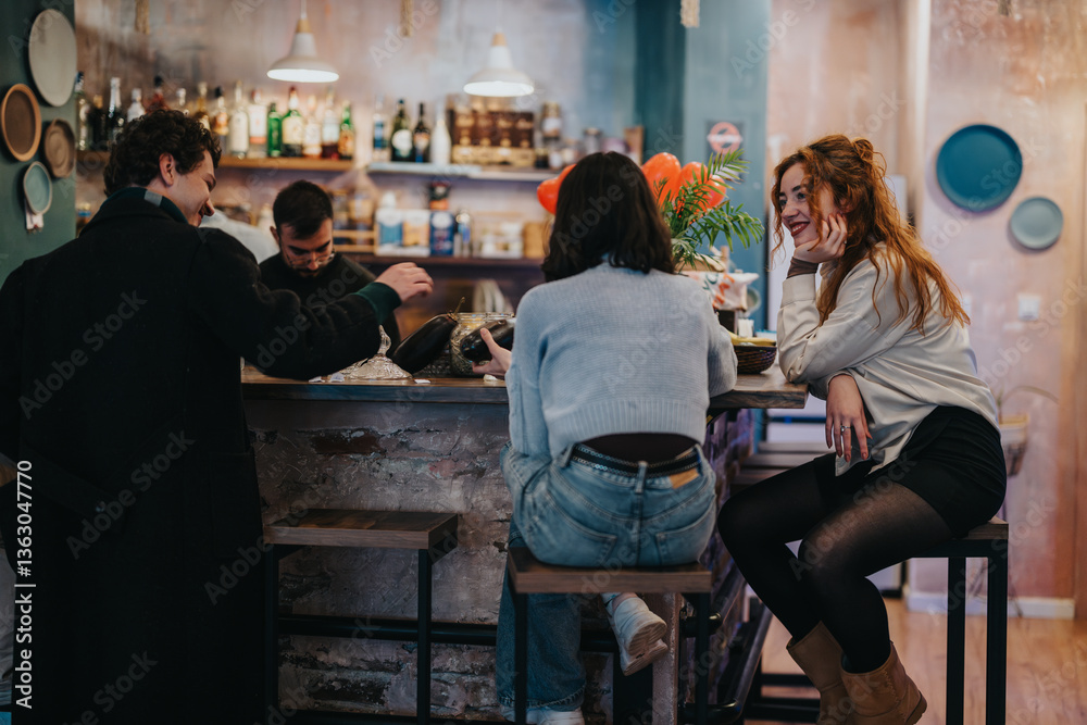 Fototapeta premium A cheerful group of friends enjoying quality time and conversations together at a lounge bar.
