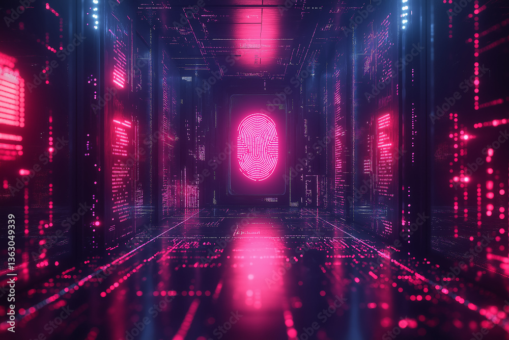 Naklejka premium Futuristic digital tunnel with fingerprint scan, glowing pink and blue cyber security concept, advanced technology