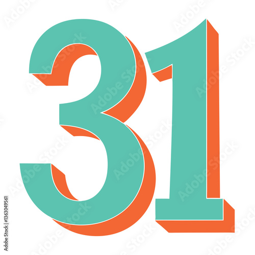 Number "31" in orange and teal color with shadow effect design. vector cartoon illustration