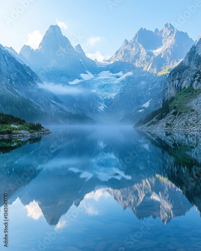 Serene mountain lake reflecting majestic peaks and glacial landscape in a tranquil scene capturing nature's beauty and pristine wilderness under a clear sky