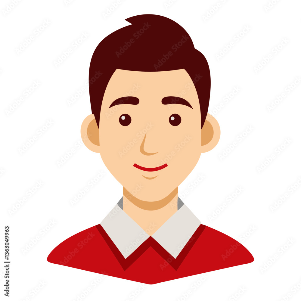 A smiling man's portrait, with short brown hair and a red shirt with a white collar A smiling man's portrait, with short brown hair and a red shirt with a white collar