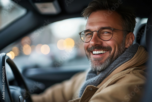 Man driving, smiling happily.