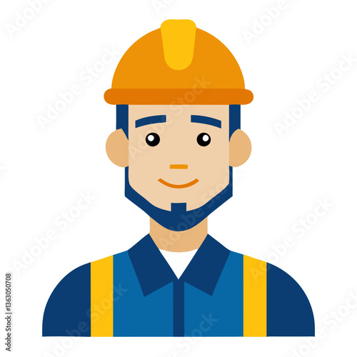 Construction Worker Icon: A flat-style icon of a construction worker with a friendly smile. The worker is depicted wearing a blue jumpsuit, a yellow hardhat, and safety straps.