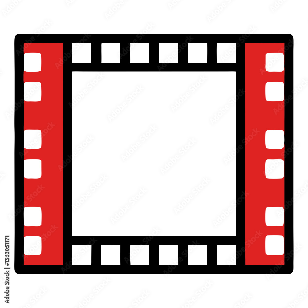 Obraz premium Cinema Icon: A vibrant film strip frames a blank canvas, ready to capture the magic of cinema in a flat design style.