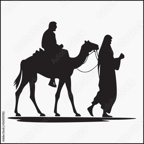 Arabian man  with camel in desert silhouette