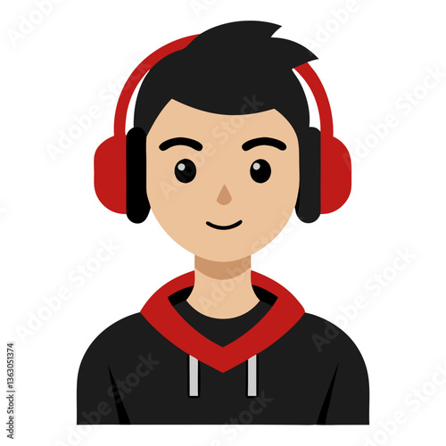 Digital Sound: A young man with modern aesthetics dons a pair of vibrant red headphones, ready to lose himself in the world of digital sound, music, or gaming. 