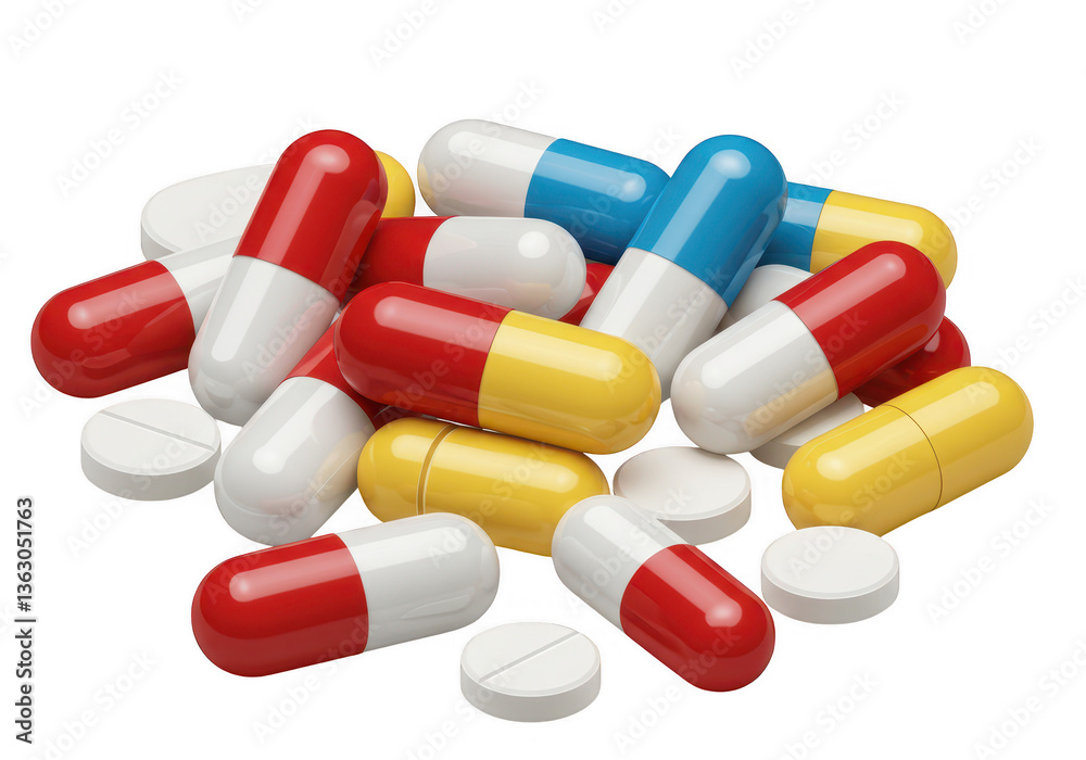 A variety of pills and capsules scattered in a pile isolated on transparent background A variety of pills and capsules scattered in a pile isolated on transparent background