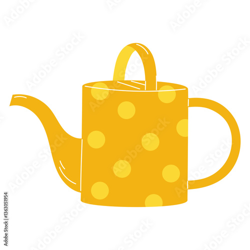 Flat Style Illustration of a Yellow Watering Can with Polka Dots on a White Background