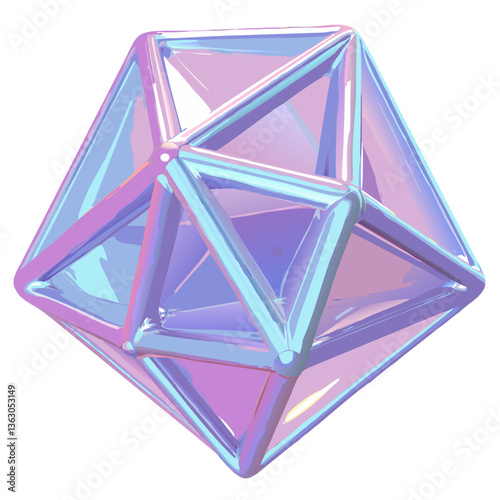 an iridescent geometric 3D shape with transparent glass effect. The abstract design features a complex, symmetrical structure with sharp edges and facets