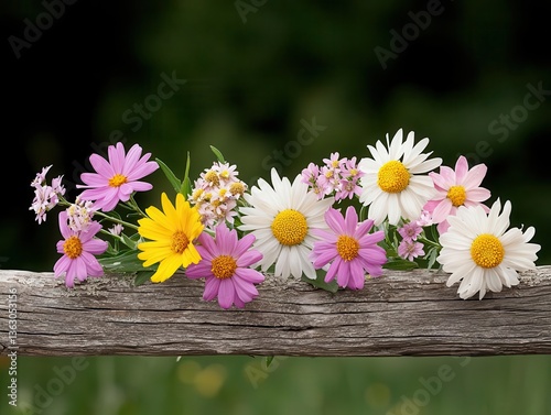 Brightly colored flowers spilling over a rustic fence, inviting warmth and joy, with negative space for short summer messages.