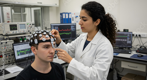 Analyzing Brainwaves: A medical professional meticulously adjusts an electroencephalogram (EEG) cap on a subject in a cutting-edge laboratory environment, hinting at scientific progress.