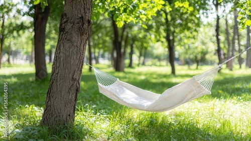 A simple hammock sways gently between two trees, surrounded by lush greenery and open space for relaxation.