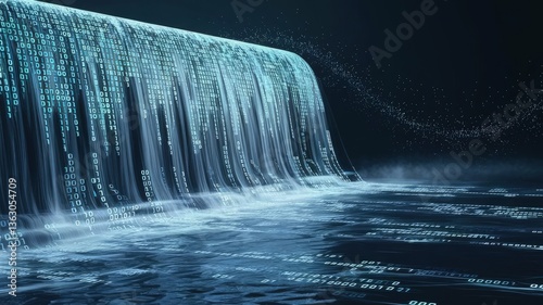 Data Waterfall: A mesmerizing visual of a cascading waterfall, replaced by a stream of digital data flowing seamlessly into a digital lake, evoking the concepts of information and technology.