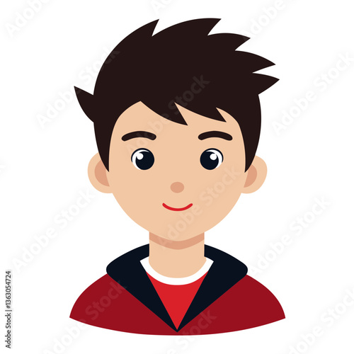 an illustrated portrait of a young boy, captured with a simple and charming style. The boy, with his dark hair, is smiling. He's wearing a red jacket and a white undershirt