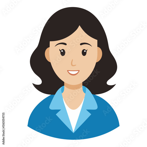 a portrait of a woman, featuring a charming woman in a blue jacket, she has shoulder-length dark hair and a warm, friendly smile vector illustration