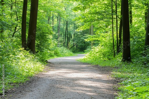A calm forest path with dappled sunlight filtering through the trees, inviting exploration, with a clean background for nature quotes.