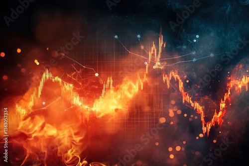 abstract virtual global crisis chart on fire smoke war background. Financial crisis and recession concept. illustration