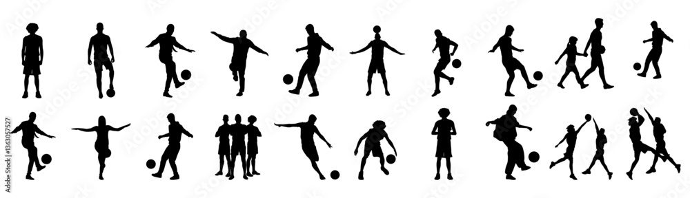 Fototapeta premium Football players standing with footballs in different poses. Football player vector station set.