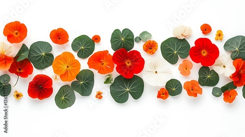 Vibrant Nasturtium Flower and Leaf Flatlay AI Generated