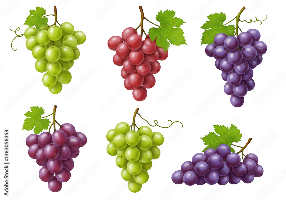 A collection of different grape clusters in vibrant colors isolated on transparent background A collection of different grape clusters in vibrant colors isolated on transparent background