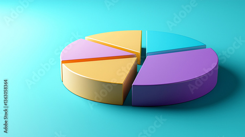 3D rendering of a pie chart with slices in purple, yellow, orange, and blue