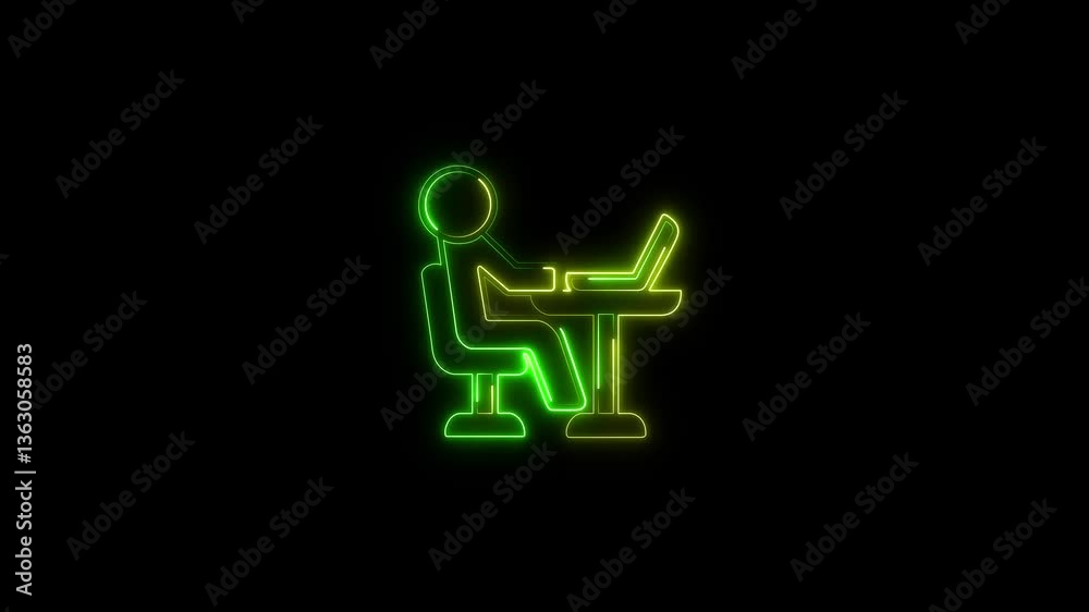 Neon Glowing Stick Figure Working on Laptop – Futuristic Digital Animation, Cyberpunk Office Scene, Technology Concept, Virtual Workspace, Modern Business, Blue and Pink Light Effect, 4k animation. Neon Glowing Stick Figure Working on Laptop – Futuristic Digital Animation, Cyberpunk Office Scene, Technology Concept, Virtual Workspace, Modern Business, Blue and Pink Light Effect, 4k animation.