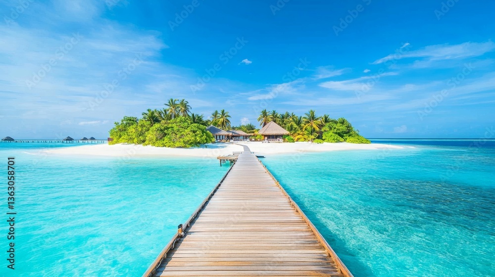Fototapeta premium Idyllic wooden walkway leading to a tropical island in the Maldives, surrounded by turquoise waters, white sandy beaches, and palm trees under a clear blue sky, perfect for relaxation and vacation.