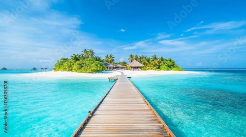 Wallpaper Mural Idyllic wooden walkway leading to a tropical island in the Maldives, surrounded by turquoise waters, white sandy beaches, and palm trees under a clear blue sky, perfect for relaxation and vacation. Torontodigital.ca