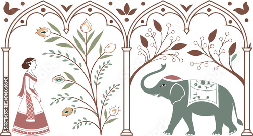Mughal Pichwai Garden. Indian Wedding Invitation. Vector illustration of temple, pillar arch, tropical plant, peacock, elephant, flower frame, border for greeting card, flyer, poster or background.