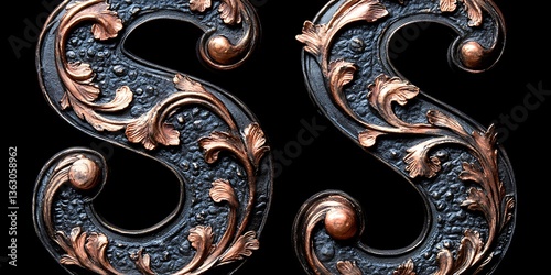 Two ornate letter S designs with intricate copper detailing