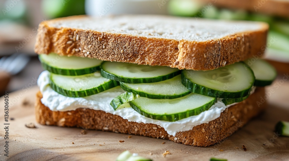 Cucumber sandwich, cream cheese, wooden board, kitchen, healthy food Cucumber sandwich, cream cheese, wooden board, kitchen, healthy food